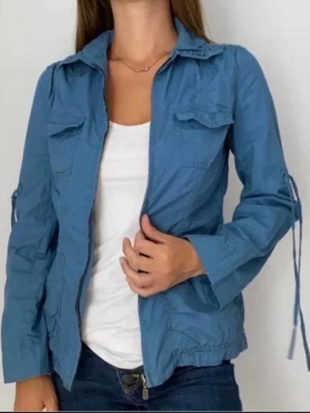 Cabi Zip Front Utility Safari Jacket Roll Tab Long Sleeve Cargo Blue